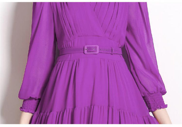 V-Neck Long Sleeved Solid Color Chiffon Waist Slimming Long Skirt Dress