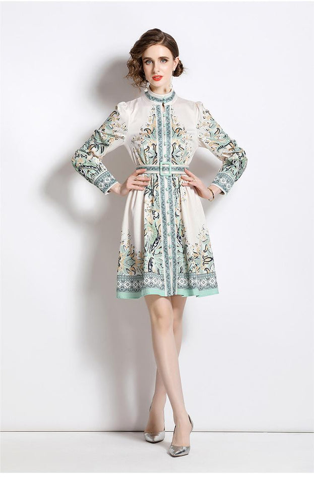 Fashion Vintage Fresh Stand-Up Collar Long-Sleeved Printed Dress