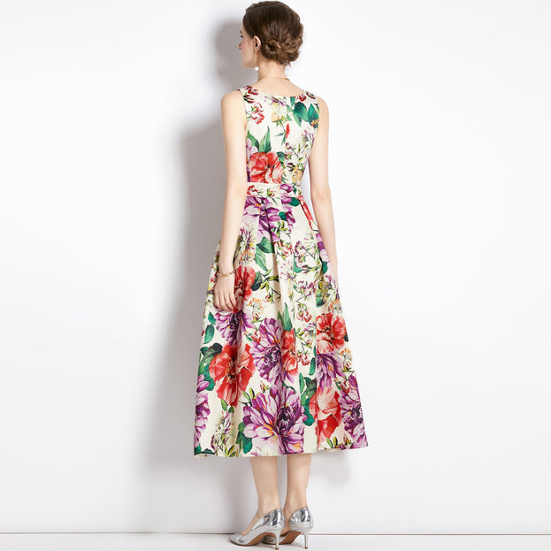 Vintage Print Sleeveless High-Waisted Dress