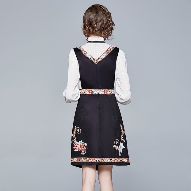 Stand Collar Long Sleeve Shirt and Printed Suspenders Skirt