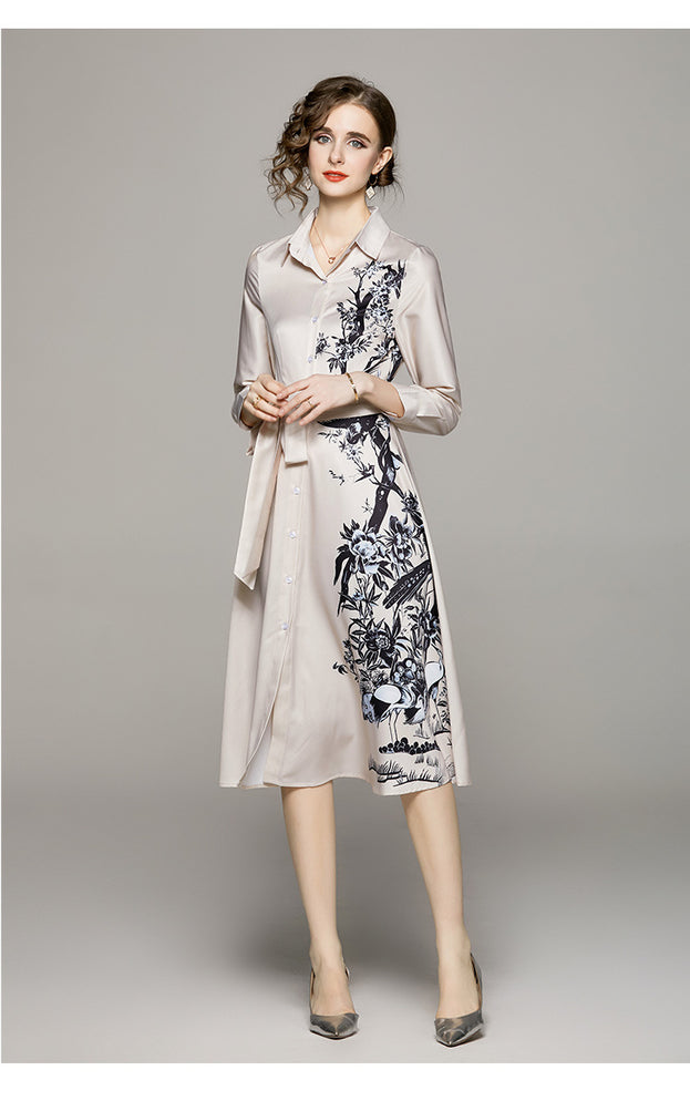 Fashion All-in-One Collection Waist Slimming Positioning Printed Dress with Belt