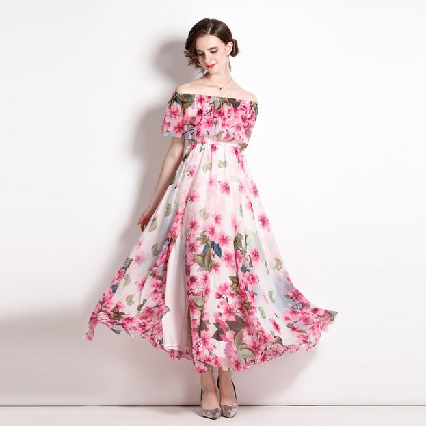 One-line Collar Ruffled Sleeve Waistband Big Wwing Chiffon Print Dress