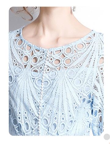 Round Collar Water-Soluble Lace Mesh Stitching MIDI Dress Fashion Temperament