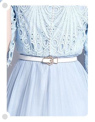 Round Collar Water-Soluble Lace Mesh Stitching MIDI Dress Fashion Temperament