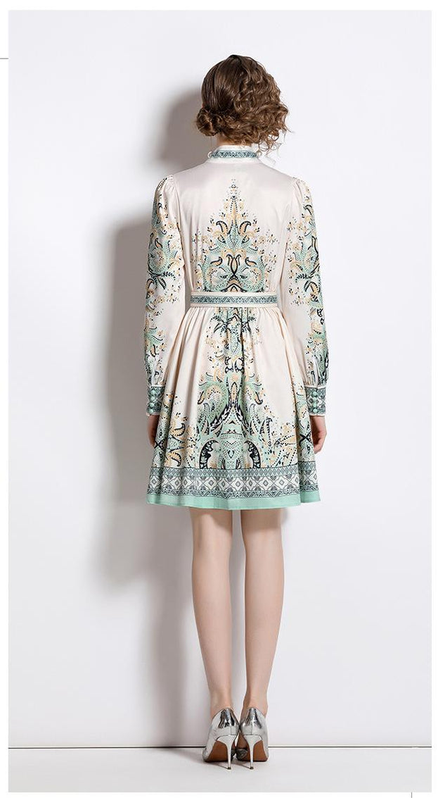 Fashion Vintage Fresh Stand-Up Collar Long-Sleeved Printed Dress