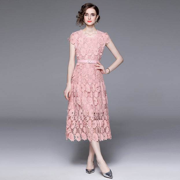Women's Hollow Out Water-Soluble Flower Embroidery Round Neck Short Sleeve Solid Color Elegant Long Skirt Dress