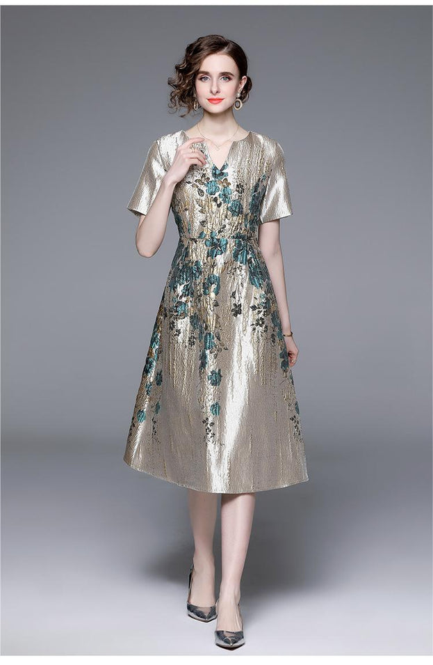 High Waist Big Swing Temperament Jacquard V-Neck Short Sleeve Slim Mid-Length Dress
