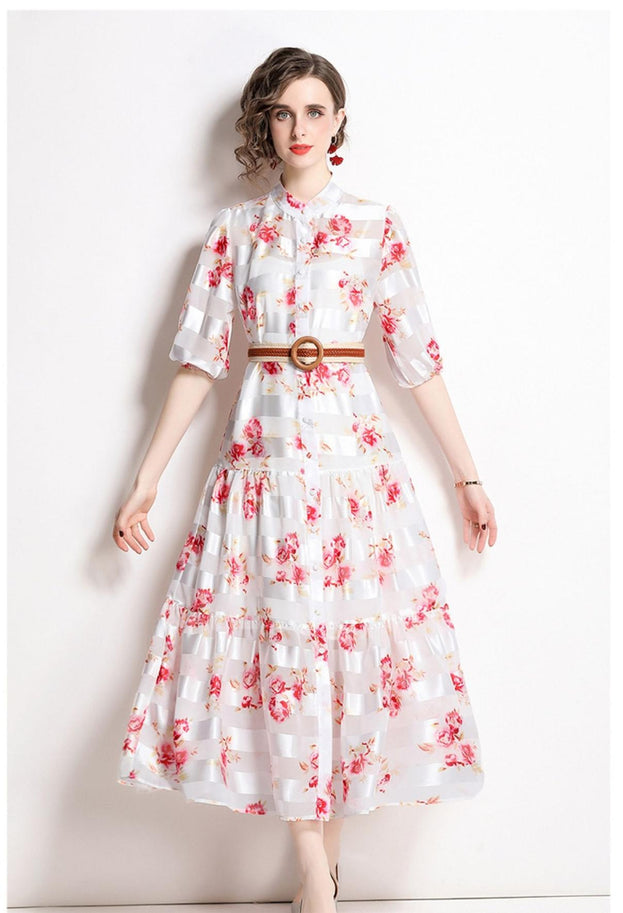Half High Neck Lantern Sleeve Vintage Print Full-length Dress with Waist Tucked in (with Suspender)