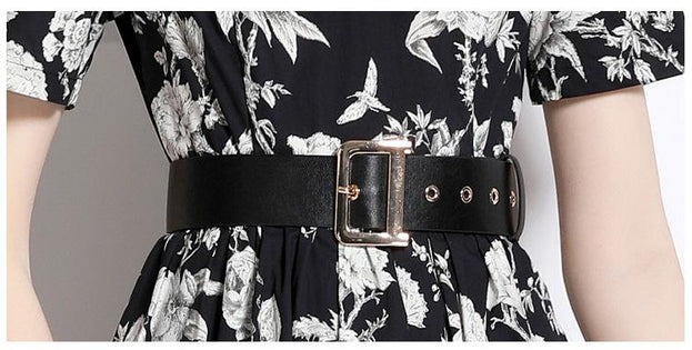 Temperament Lace Print High-Waisted Short-Sleeved Mid-Length Dress with Belt