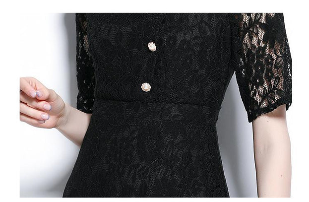 Button Down Short Sleeve Black Lace Dress