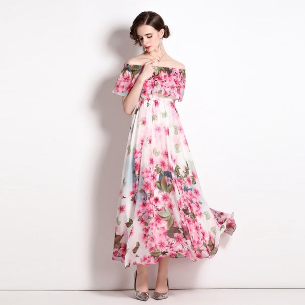 One-line Collar Ruffled Sleeve Waistband Big Wwing Chiffon Print Dress