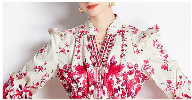 Retro Palace Style V-Neck Single Breasted Lantern Sleeve Tucked Waist Slimming Dress