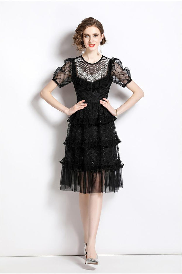 Temperament Fashion Gauze Beaded Piece Embroidered Bubble Sleeve Lace Cake Skirt Dress