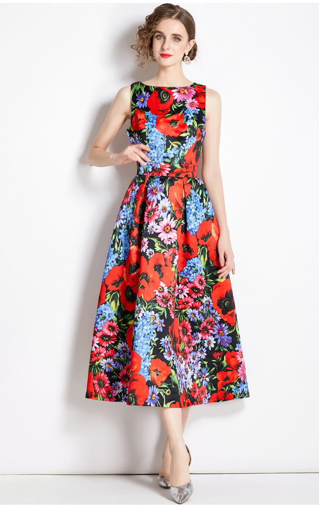 Vintage Print Sleeveless Dress