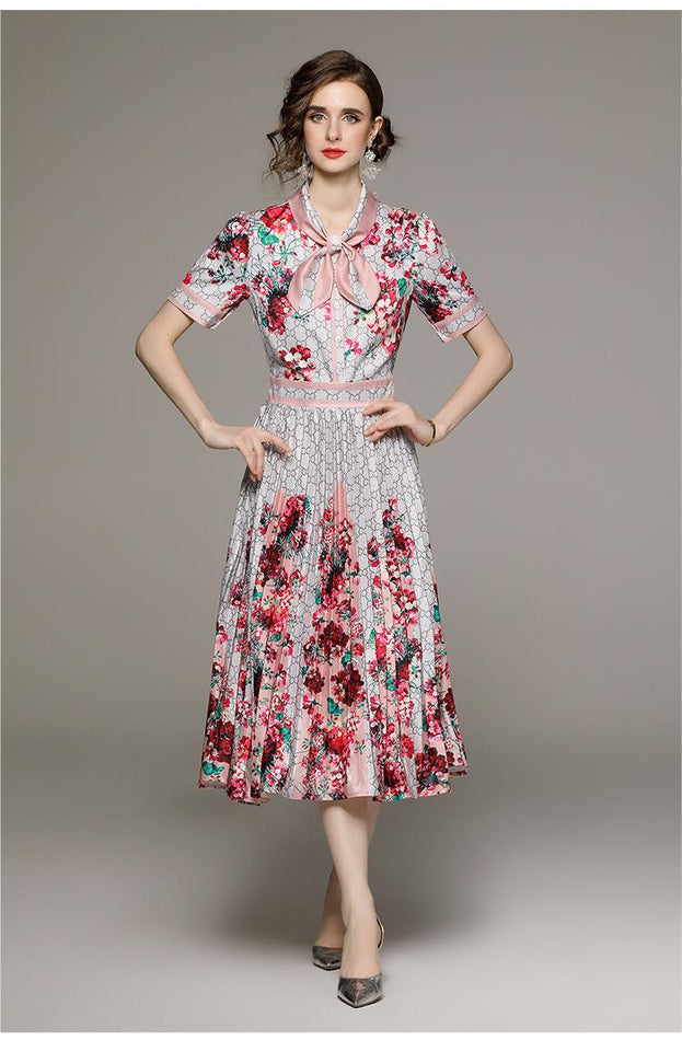 Fashion All-in-one Folded Waist Slimming Positioning Printed Short Sleeve Pleated Dress