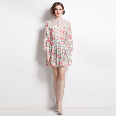 Fashion Printed Embroidery Patchwork Lace  Long-Sleeved Shirt Half Skirt Suit