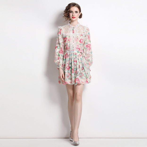 Fashion Printed Embroidery Patchwork Lace  Long-Sleeved Shirt Half Skirt Suit