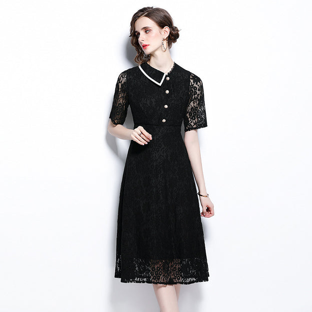 Button Down Short Sleeve Black Lace Dress