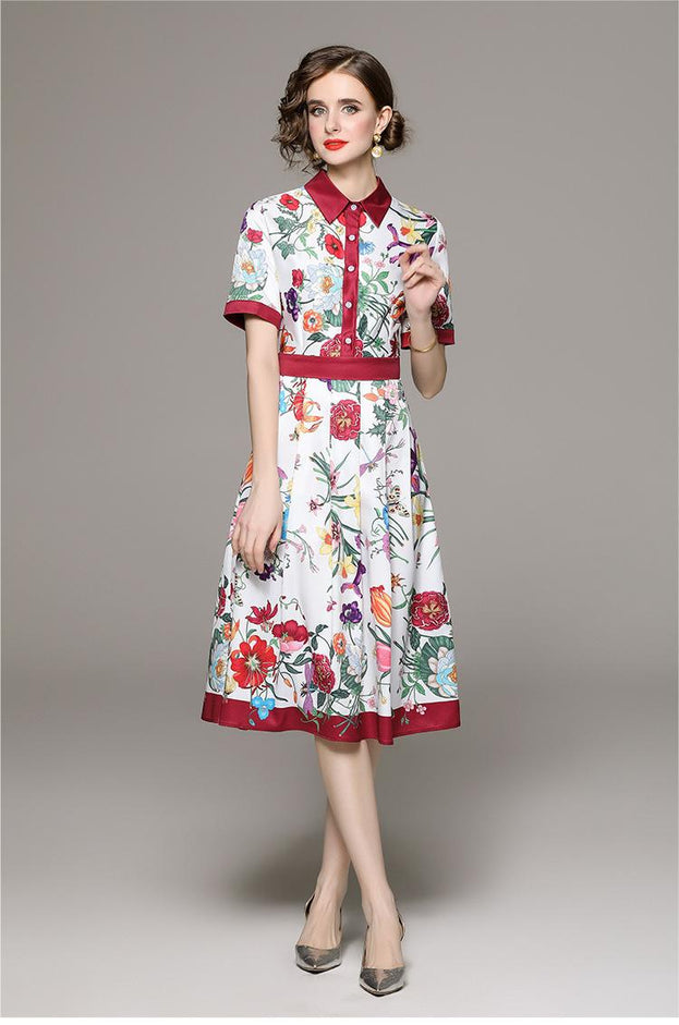 Fashion All-in-One Collection Waist Slimming Positioning Printed Short-Sleeved Dress