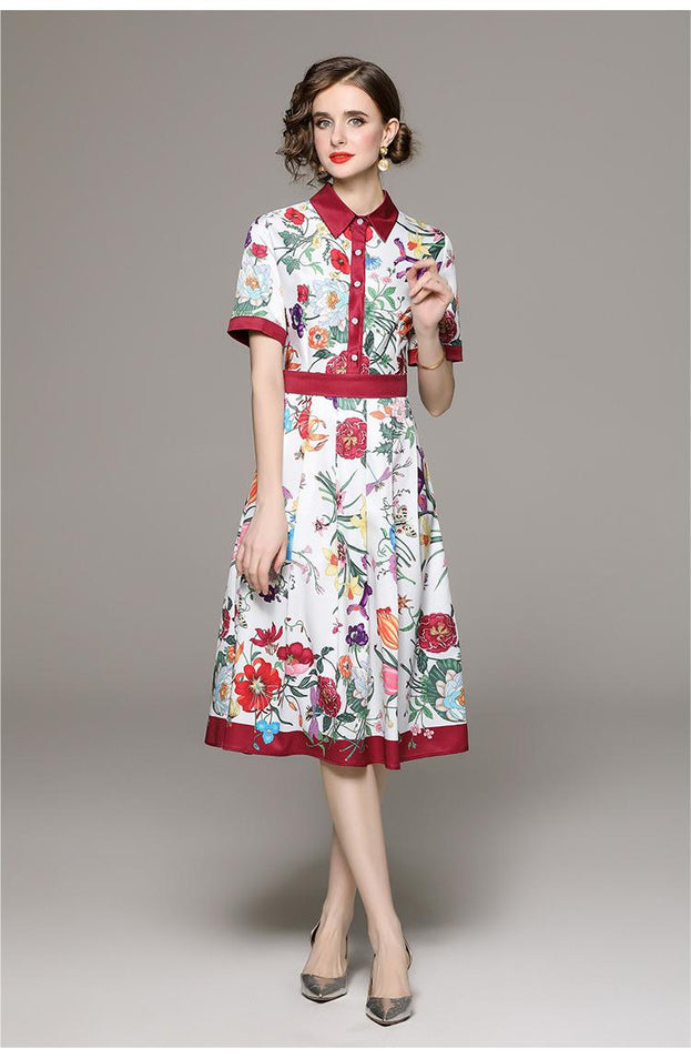 Fashion All-in-One Collection Waist Slimming Positioning Printed Short-Sleeved Dress
