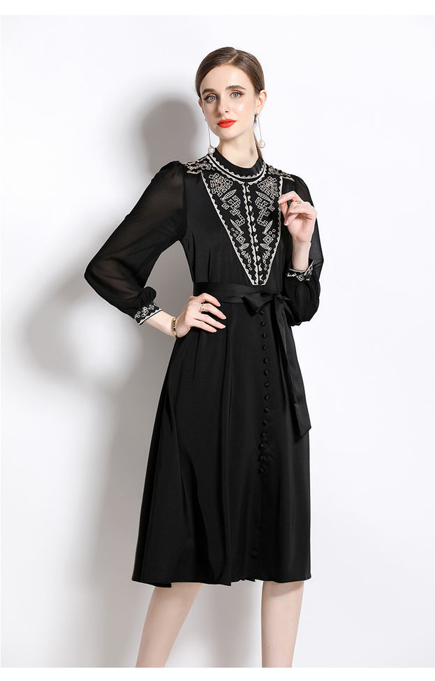 Embroidered Small Stand Collar Bubble Sleeve MIDI Skirt Temperament Waist Slimming Large Swing Dress