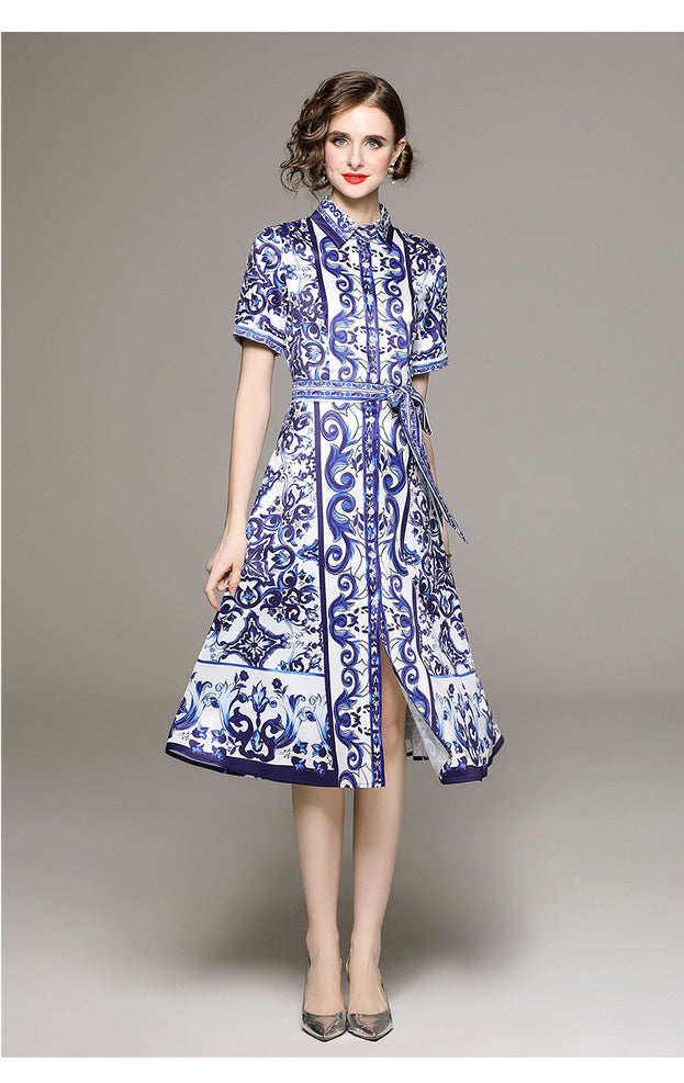 Fashion All-in-One Collection Waist Slimming Positioning Printed Dress with Belt