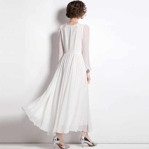 Temperament Retro Style Slimming White Dress Long-Sleeved V-Neck Skirt