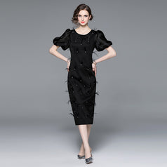 Fashion New Women's Temperament Nail Beads Elegant Thin Slim Mid-Length Short-Sleeved Dress