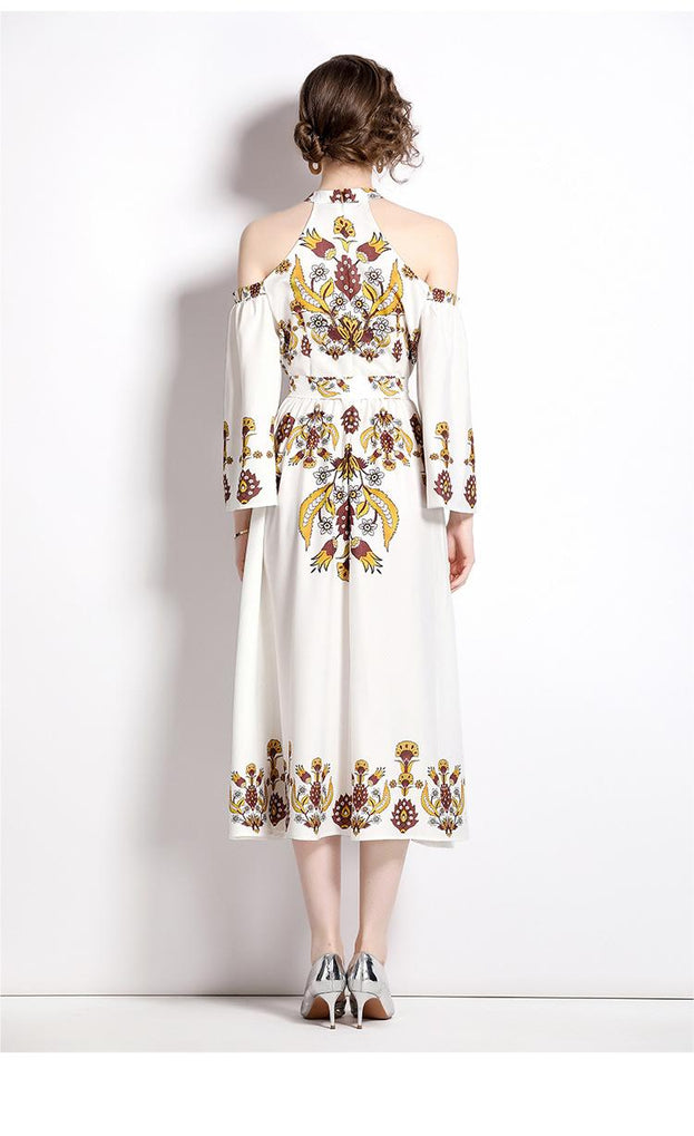 Temperament Vintage Printed Flared Sleeves Off-Shoulder Slim Maxi Dress