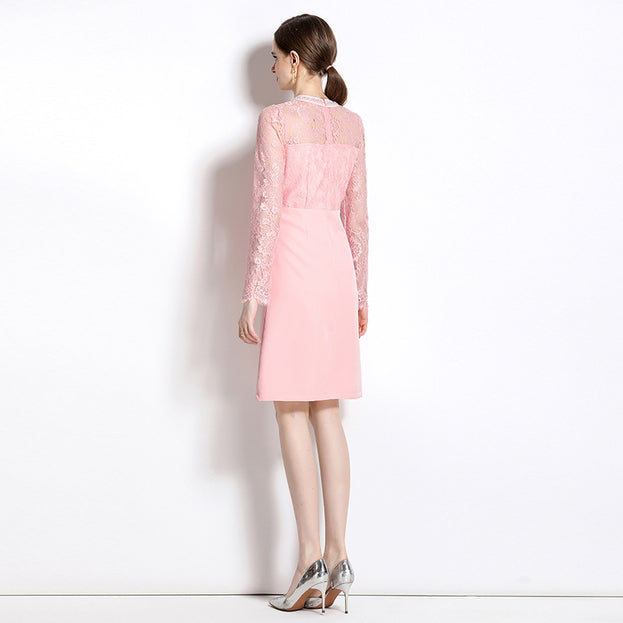 Light Ripe Temperament Pink V-Neck Long-Sleeved Dress Tucked in Waist Slit Skirt