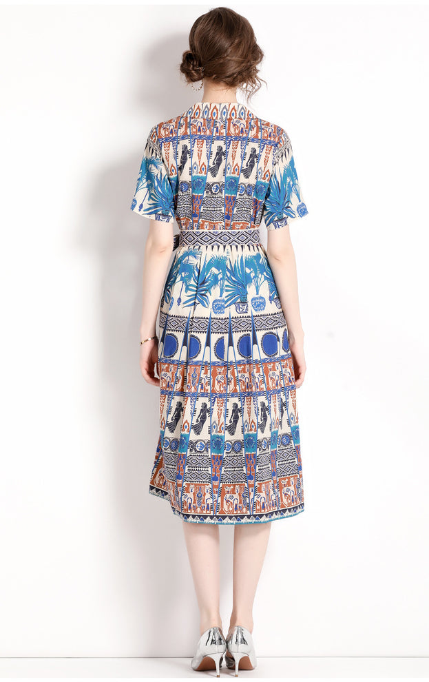 Vintage Printed Single Breasted Lace-Up Waist A-Line Skirt Short Sleeved Dress