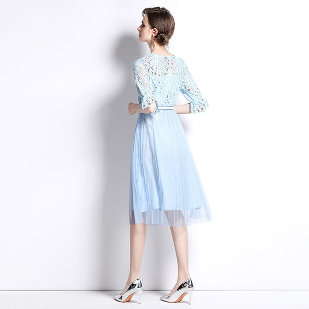 Round Collar Water-Soluble Lace Mesh Stitching MIDI Dress Fashion Temperament