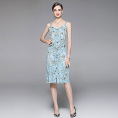 V-Neck Halter Printed Denim Slit Mid-Length Slim Dress