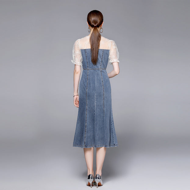 Embroidered Mesh Stitching Denim Slim Waist Slit Fishtail Swing Dress
