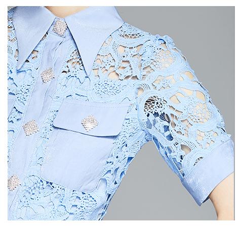 Temperament Elegant Blue Hollowed Out Water-Soluble Lace Lapel Short Sleeve A-Line Skirt Dress
