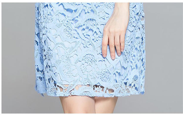 Temperament Elegant Blue Hollowed Out Water-Soluble Lace Lapel Short Sleeve A-Line Skirt Dress