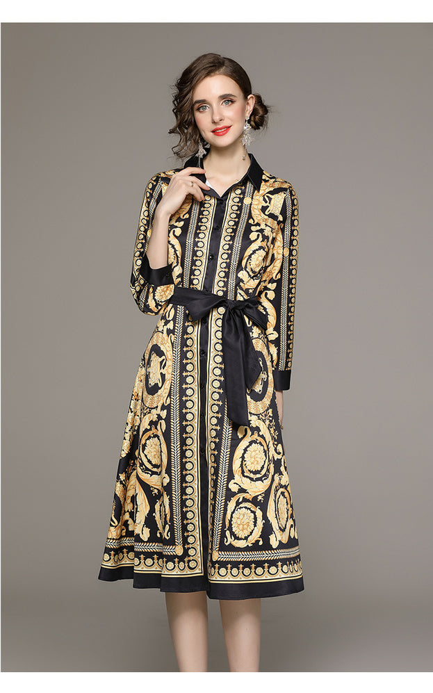 Fashion All Lap Closed Waist Slimming Positioning Palace Style Print Dress with Belt