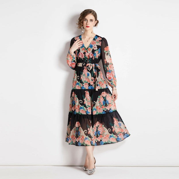 Vintage Print Lantern Sleeve Dress