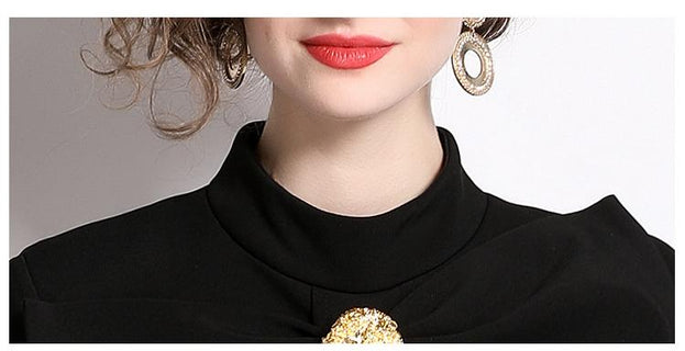 Bow Collar Long Sleeve Tucked Waist Buttons Dress