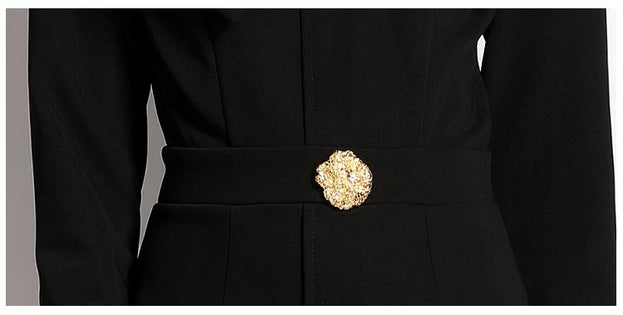 Bow Collar Long Sleeve Tucked Waist Buttons Dress