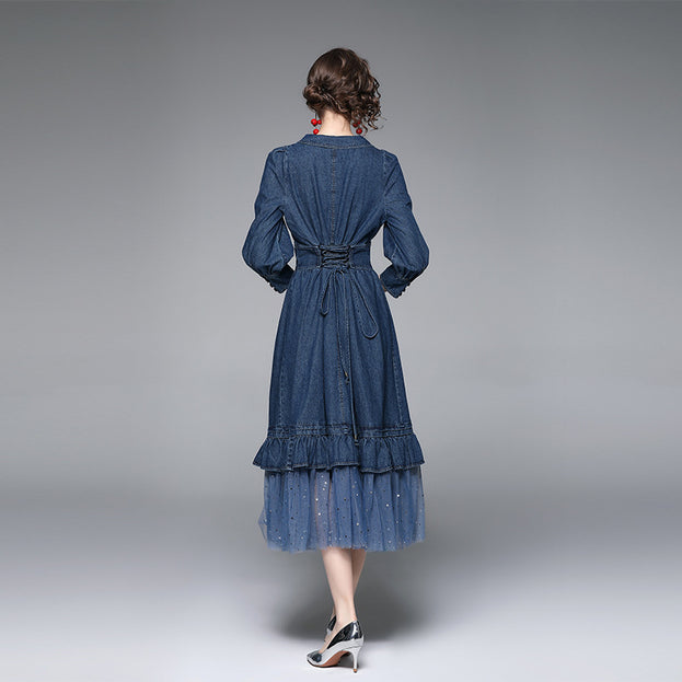 Vintage Long-Sleeved Tucked Waist Denim Patchwork Mesh Long Skirt Dress