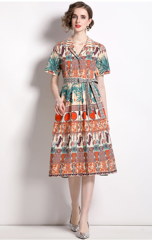 Vintage Printed Single Breasted Lace-Up Waist A-Line Skirt Short Sleeved Dress