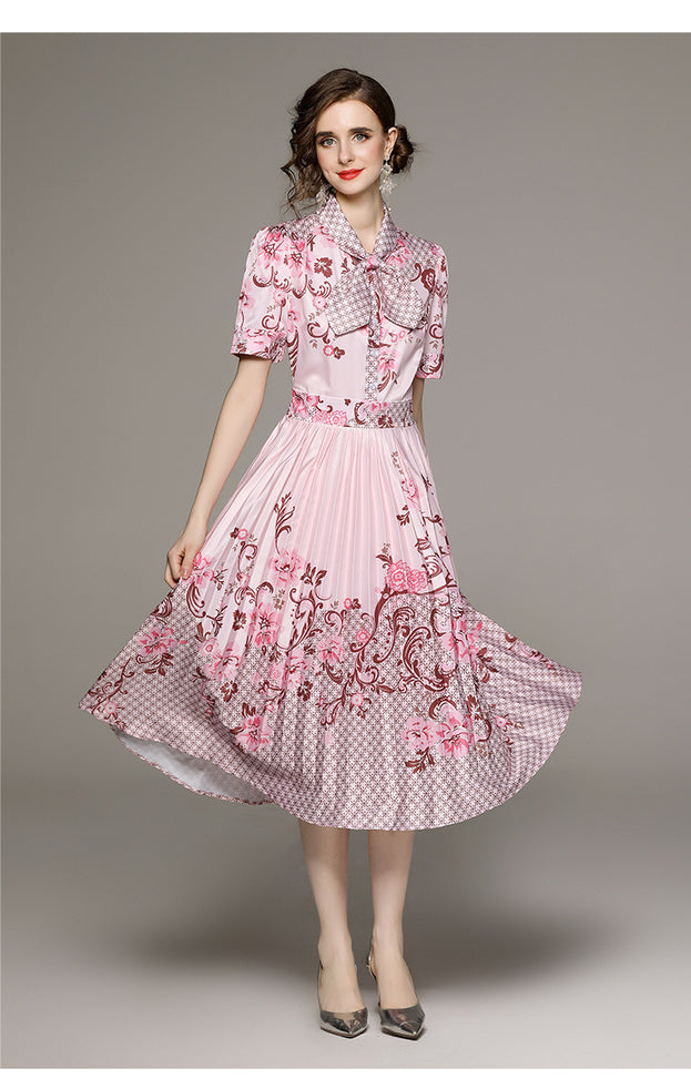 Fashion All-in-one Folded Waist Slimming Positioning Printed Short Sleeve Pleated Dress