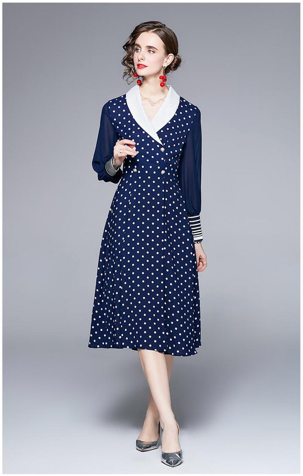 Polka-Dot Chiffon Long-Sleeved Dress
