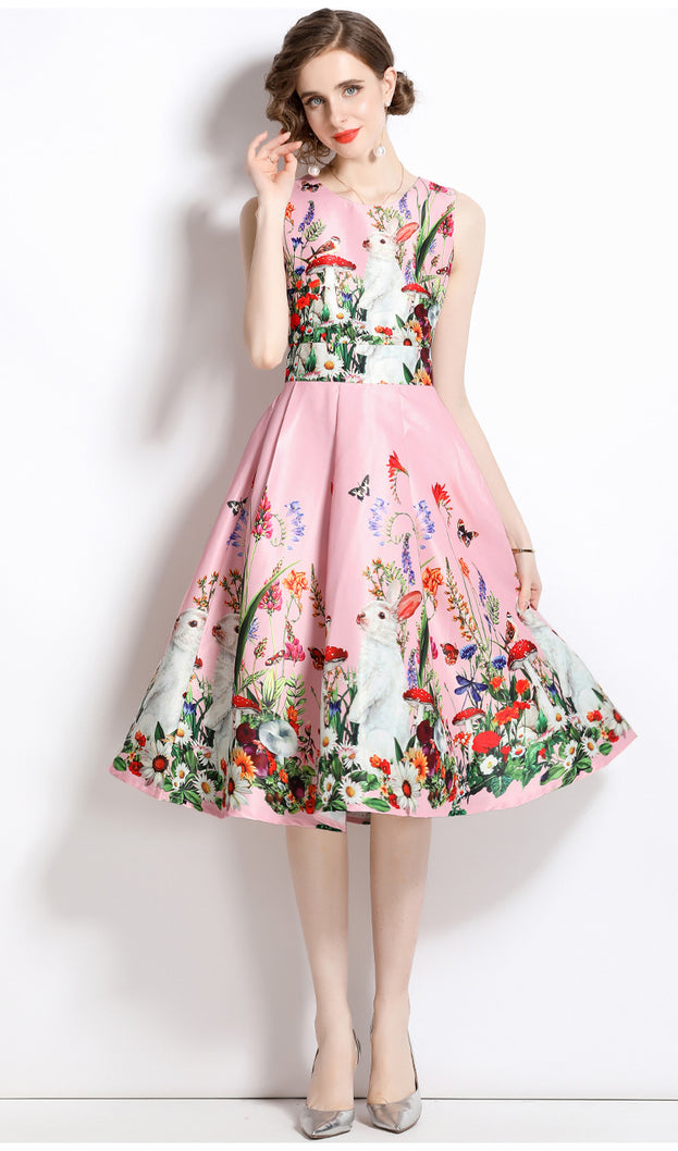 Vintage Print Waist Slimming Sleeveless Dress Mid-Length Skirt