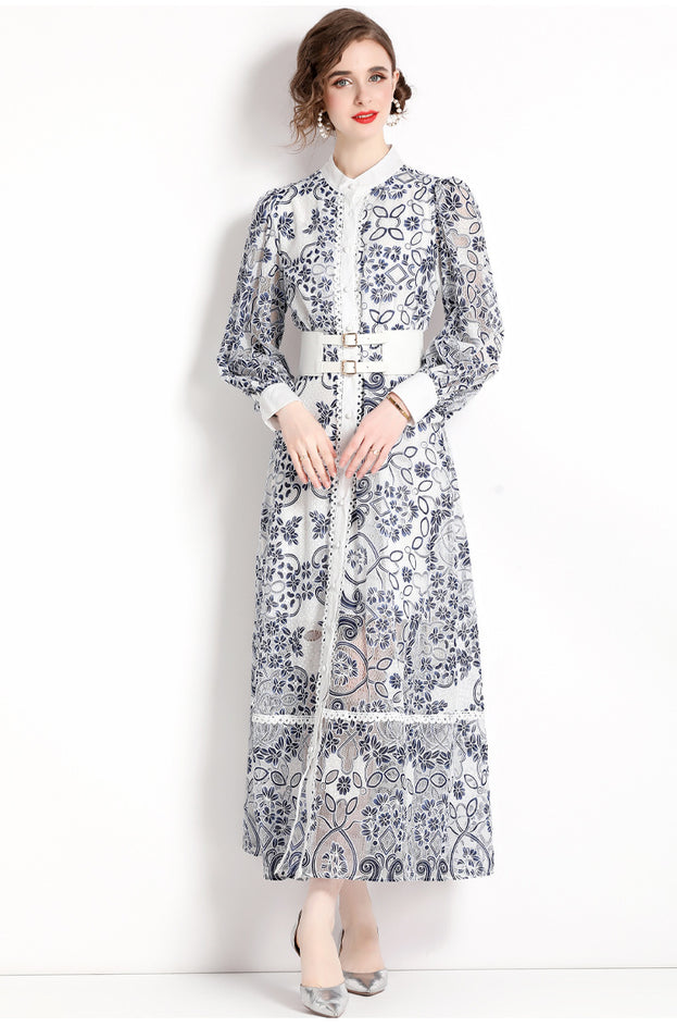 Long-Sleeved Single-Breasted Vintage Print Lace-Up Dress with Waist Tucked in