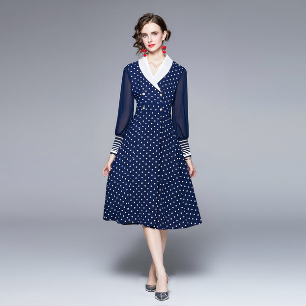 Polka-Dot Chiffon Long-Sleeved Dress