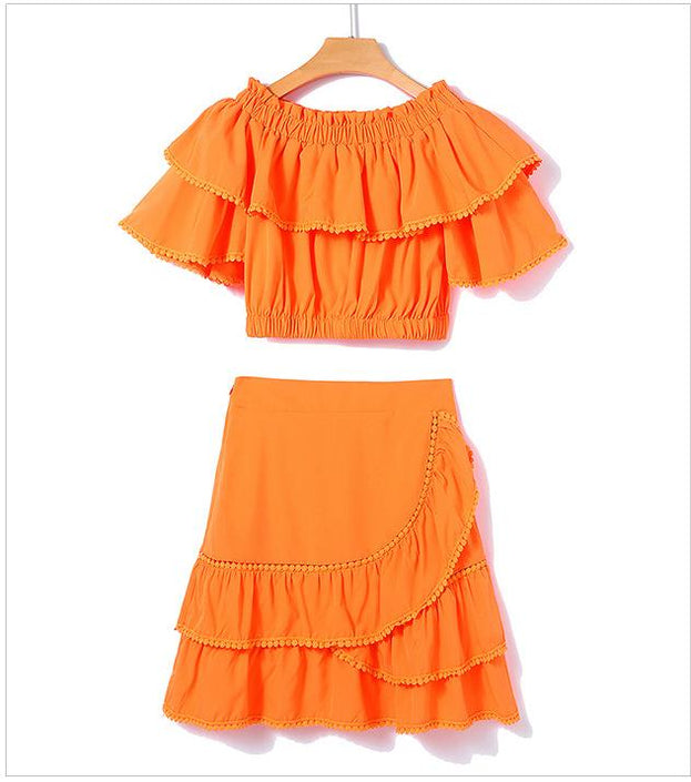 One Line Shoulder Wipe Chest Top and A Line Half Skirt Net Red Two-Piece Set
