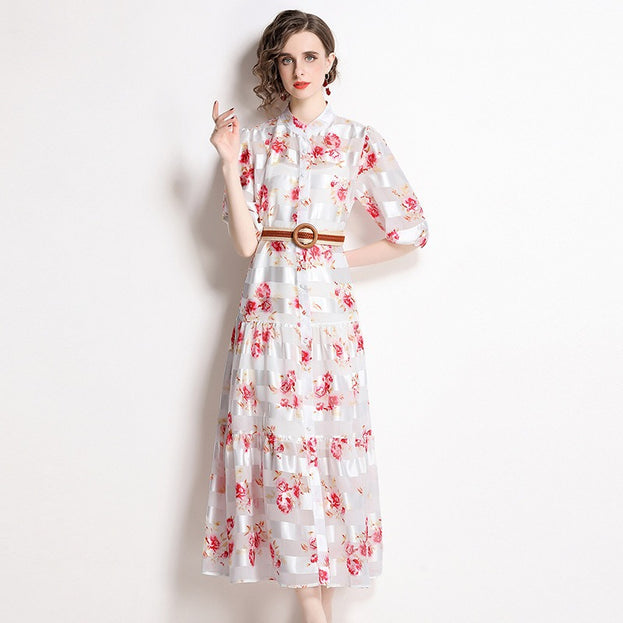Half High Neck Lantern Sleeve Vintage Print Full-length Dress with Waist Tucked in (with Suspender)
