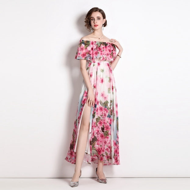 One-line Collar Ruffled Sleeve Waistband Big Wwing Chiffon Print Dress